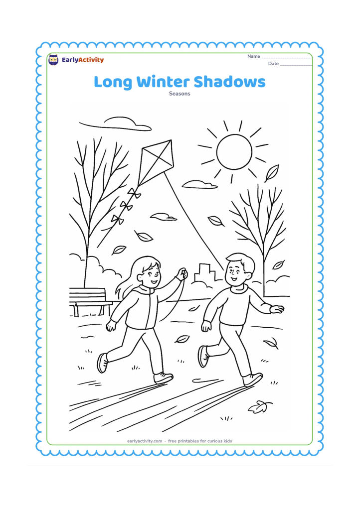 Colouring page: Two children play with a kite in a park on a low-sun winter afternoon, casting long shadows across the grass. Add bare trees, a bench, distant buildings without signs, drifting leaves…