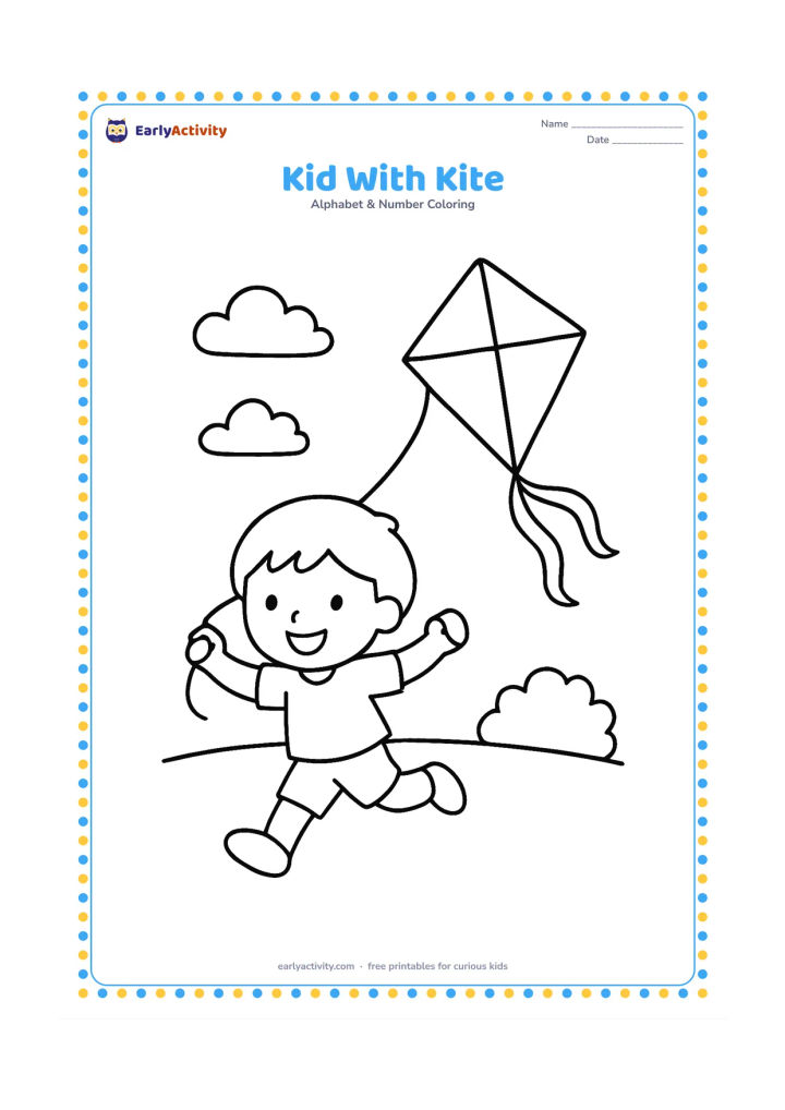 Colouring page: A happy child runs across an open field while holding the string of a large kite overhead. Add a few clouds, a bush and fluttering clothing to show movement.