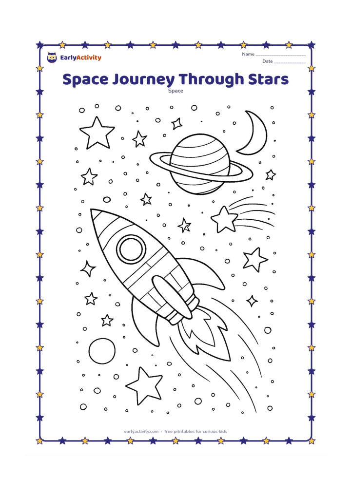 Colouring page: A small friendly spacecraft travels through a richly patterned star field past a ringed planet, crescent Moon, several large five-pointed stars and a bright shooting star. Add curved…