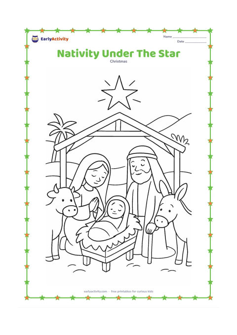 Colouring page: A peaceful nativity scene shows the infant in a manger with Mary and Joseph nearby, surrounded by gentle animals and simple wooden shelter details. Place a large star above the shelter…