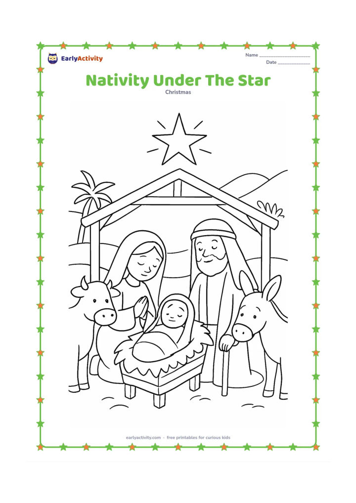 Colouring page: A peaceful nativity scene shows the infant in a manger with Mary and Joseph nearby, surrounded by gentle animals and simple wooden shelter details. Place a large star above the shelter…