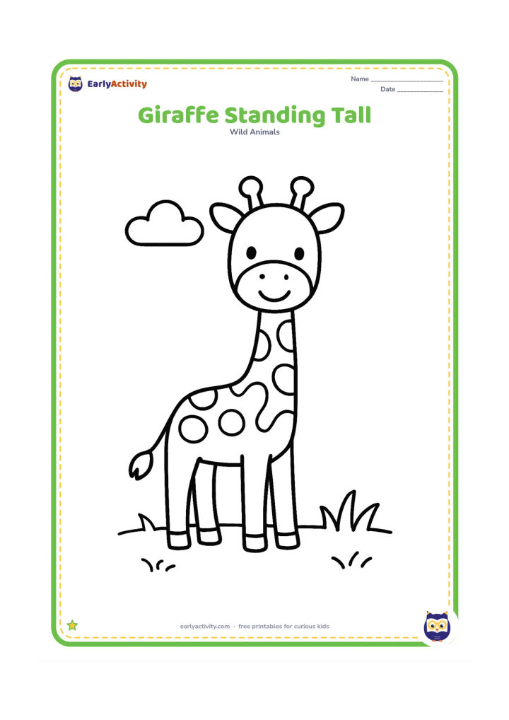 Colouring page: A friendly giraffe stands facing forward with its long neck, four legs, tail and small ossicones clearly visible. Place it in an open patch of grass with one small cloud and plenty of…