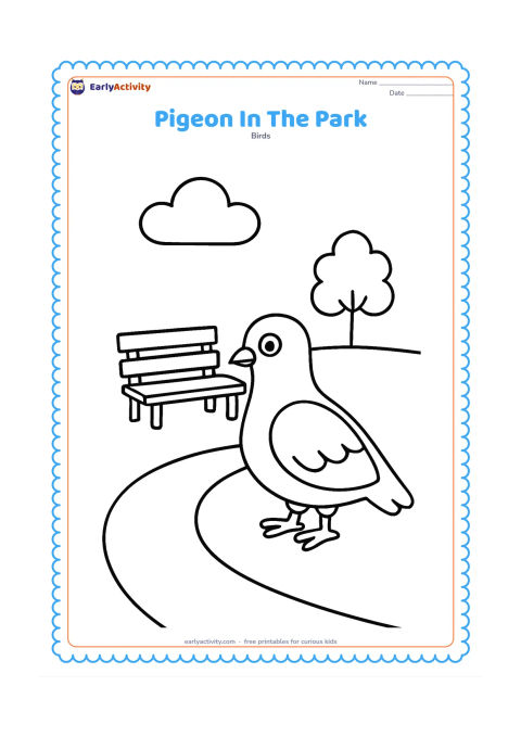 Colouring page: A pigeon stands beside a simple park bench, looking toward a small tree. Add a curved path and one large cloud, leaving plenty of open space around the bird.