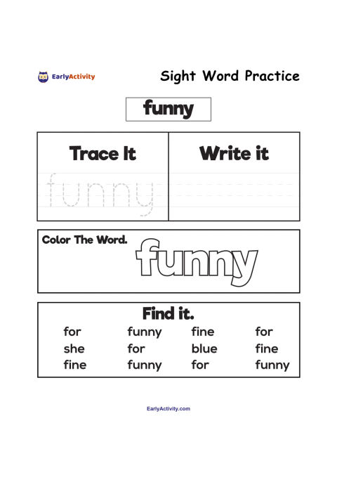 Worksheet for practising the sight word “funny” with trace, write, colour and find-it sections.
