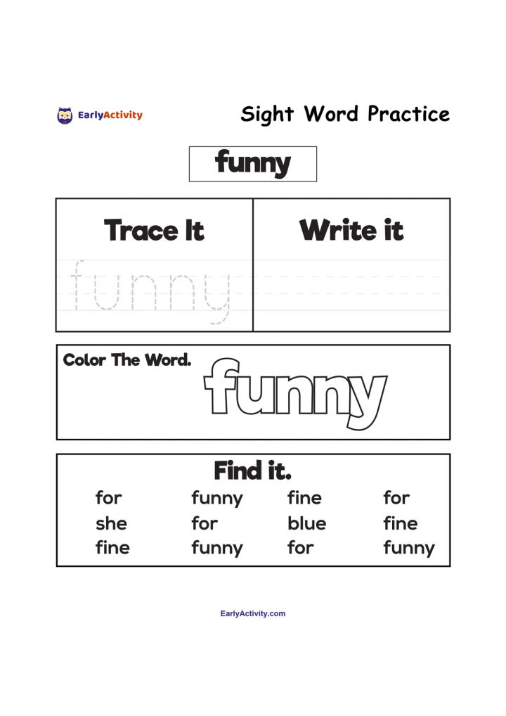 Worksheet for practising the sight word “funny” with trace, write, colour and find-it sections.