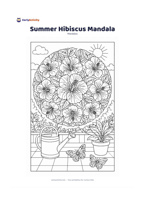 Colouring page: Build an expansive circular mandala from hibiscus blooms, broad leaves, buds and curved stems, with a central flower surrounded by smaller blossoms. Place it in a sunny terrace garden…
