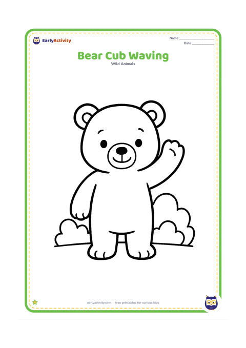 Colouring page: A small bear cub standing and waving one paw, with a few rounded bushes behind it. Keep the cub's full body clearly visible.