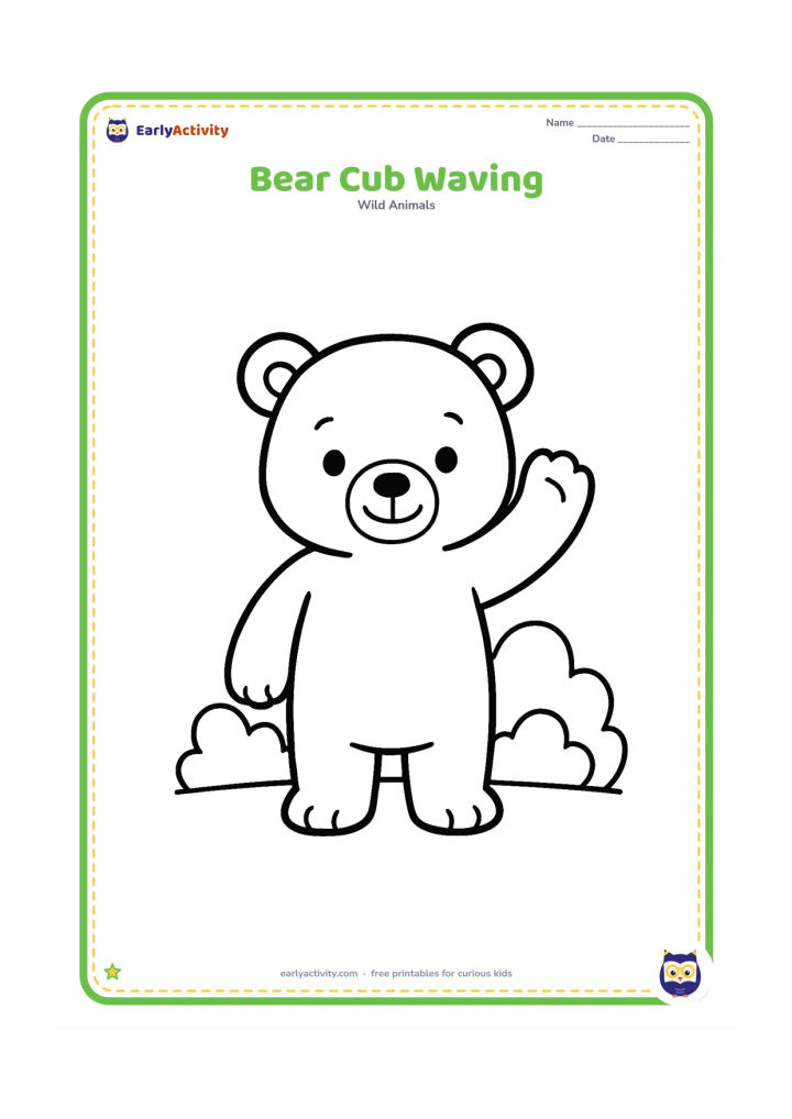 Colouring page: A small bear cub standing and waving one paw, with a few rounded bushes behind it. Keep the cub's full body clearly visible.