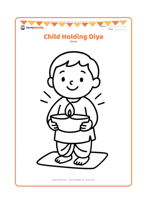 Colouring page: Draw a smiling child in festive clothes carefully holding one large diya with both hands. Add only a small floor mat and a few simple light rays behind the child.