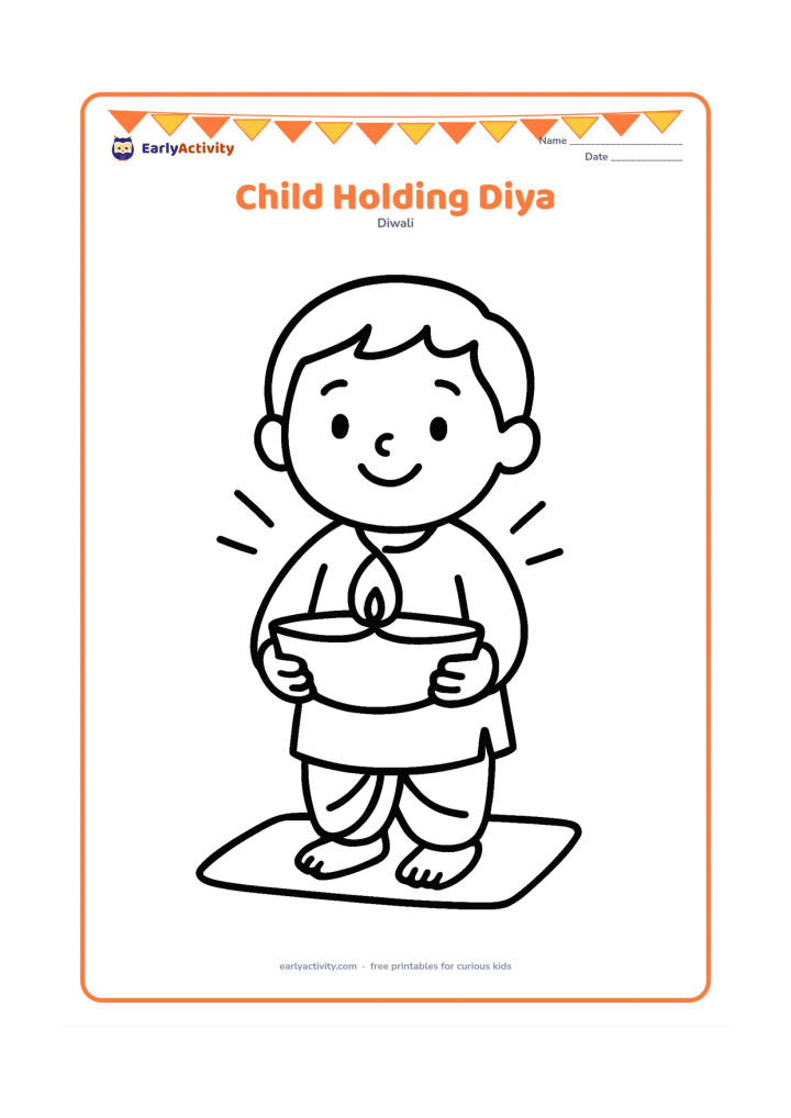 Colouring page: Draw a smiling child in festive clothes carefully holding one large diya with both hands. Add only a small floor mat and a few simple light rays behind the child.