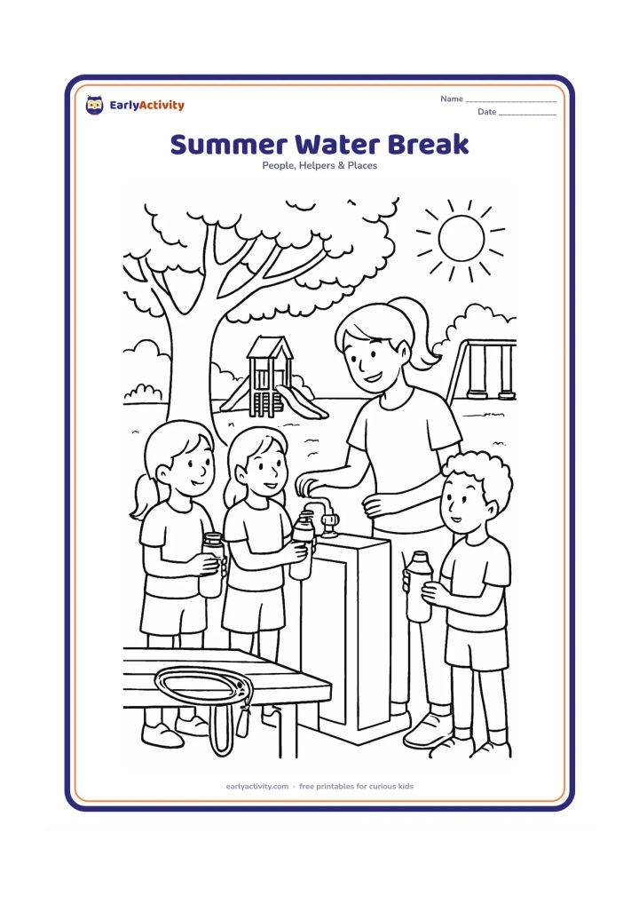 Colouring page: During a bright summer break, a sports teacher helps children refill reusable bottles at a school water station beside a shaded playground. Include a large tree, a drinking tap, towels,…