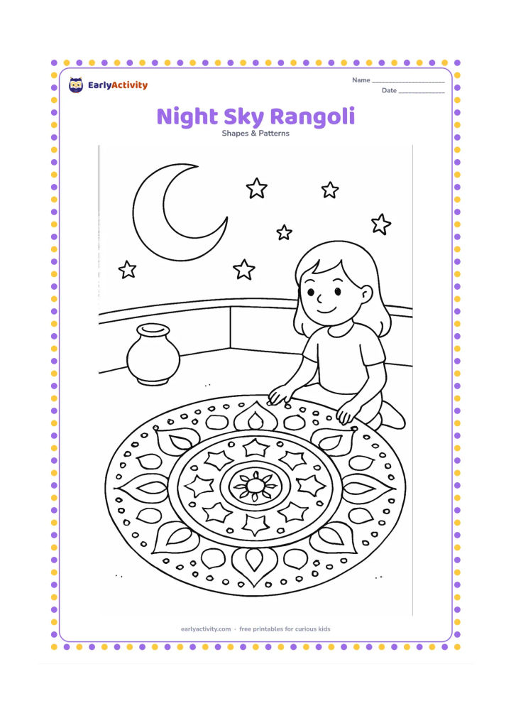 Colouring page: Draw a circular rangoli on a rooftop at night, combining repeating stars, moons, dots, and curved petals in balanced rings. Add a child seated nearby, a low parapet, a water pot, and a…