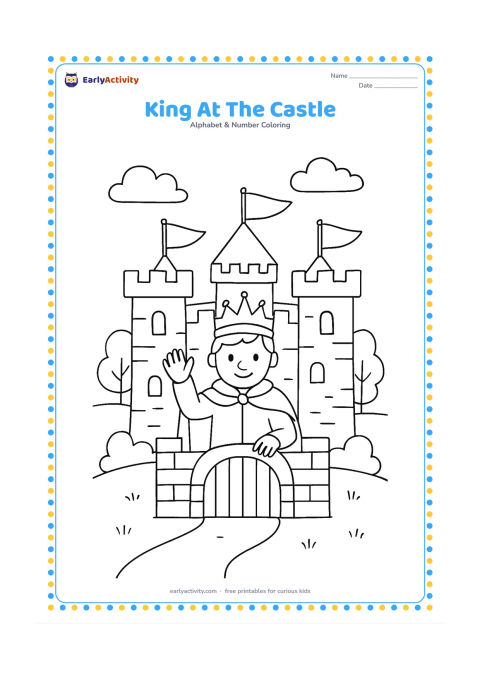 Colouring page: A friendly king waves from the gate of a small stone castle, wearing a crown and cape. Add flags without markings, trees, a path and a few rounded clouds.