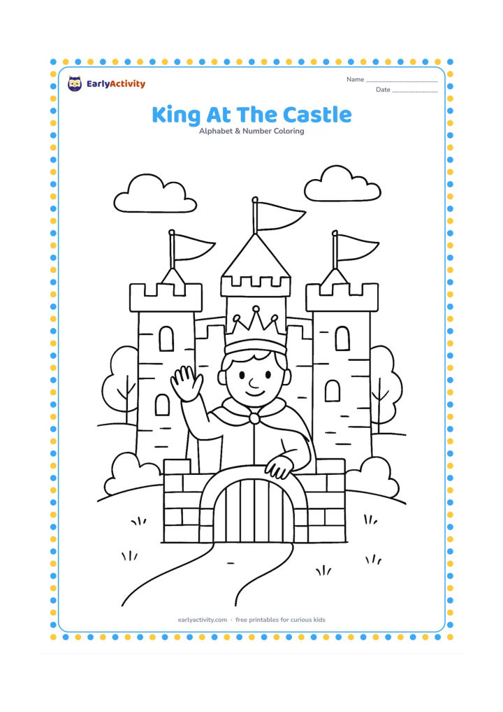 Colouring page: A friendly king waves from the gate of a small stone castle, wearing a crown and cape. Add flags without markings, trees, a path and a few rounded clouds.