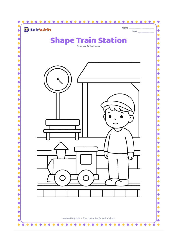 Colouring page: Draw a child waiting beside a geometric toy-like train at a small station, with circular wheels, rectangular carriages, square windows, and triangular roof sections. Add a clock face…