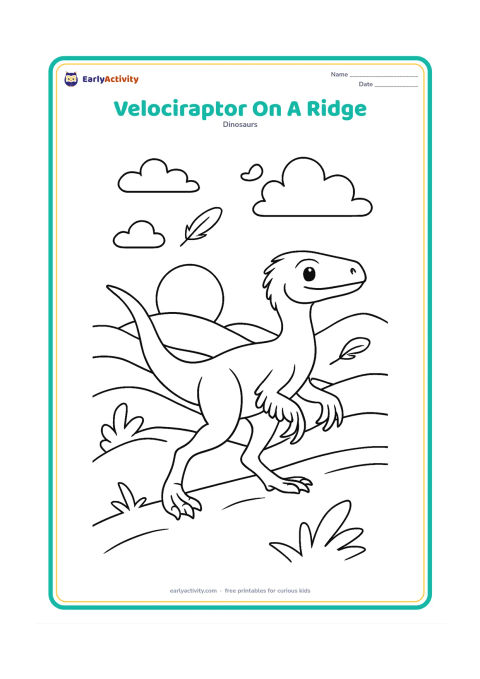 Colouring page: A velociraptor walks along a ridge at dawn, with layered hills, a low sun, scattered clouds, and a few feather tufts lifted by the breeze. Show the long tail balancing the body.
