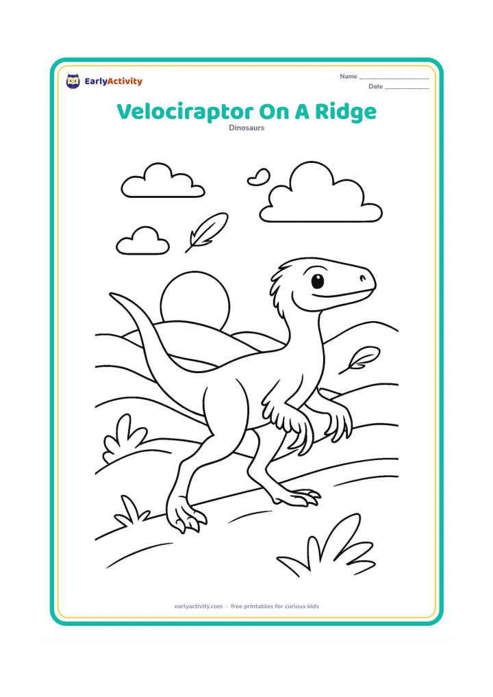 Colouring page: A velociraptor walks along a ridge at dawn, with layered hills, a low sun, scattered clouds, and a few feather tufts lifted by the breeze. Show the long tail balancing the body.