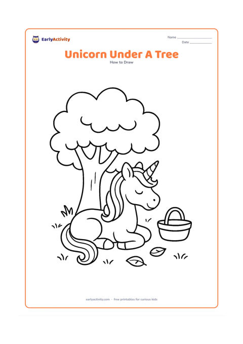 Worksheet: A unicorn rests beneath a broad shady tree with its legs folded, surrounded by a few fallen leaves, grass tufts and a small basket-shaped picnic object with no markings. Show a calm…
