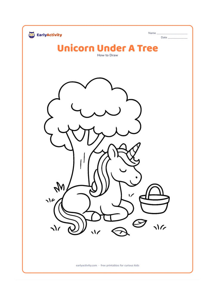 Worksheet: A unicorn rests beneath a broad shady tree with its legs folded, surrounded by a few fallen leaves, grass tufts and a small basket-shaped picnic object with no markings. Show a calm…