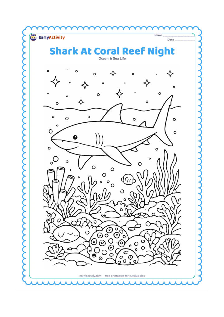 Colouring page: A shark cruises over a coral reef at night beneath stars visible through the water surface, with glowing-looking round coral shapes, sleeping fish, bubbles and sea plants. Do not use any…