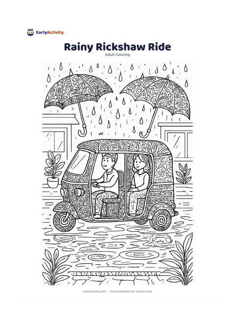 Colouring page: A friendly auto-rickshaw travels along a wet street with a passenger inside, umbrellas, roadside plants, puddle reflections and simple shopfront shapes with no signs or lettering.…