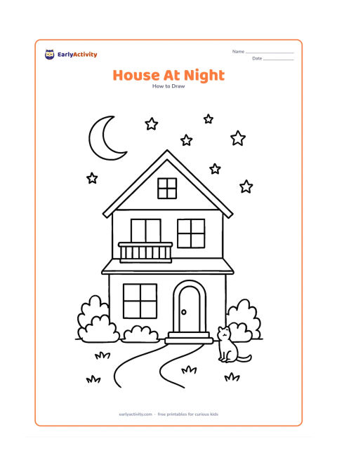 Worksheet: Draw a detailed two-storey house at night with a gabled roof, balcony, lit-looking blank windows, a front door, a crescent moon and stars. Add a garden path, shrubs and a cat sitting…