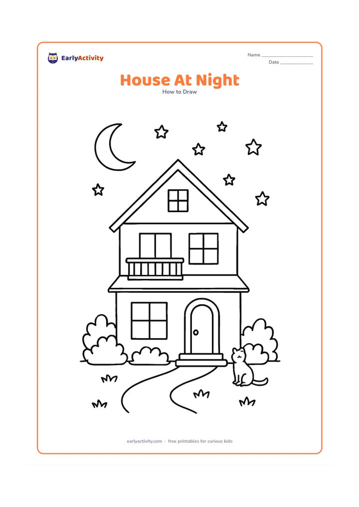 Worksheet: Draw a detailed two-storey house at night with a gabled roof, balcony, lit-looking blank windows, a front door, a crescent moon and stars. Add a garden path, shrubs and a cat sitting…