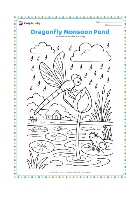 Colouring page: A dragonfly rests on a lotus stem above a monsoon pond, surrounded by rain clouds, ripples, lotus leaves, reeds and a small Indian village house beyond the water. A frog sits beneath a leaf.
