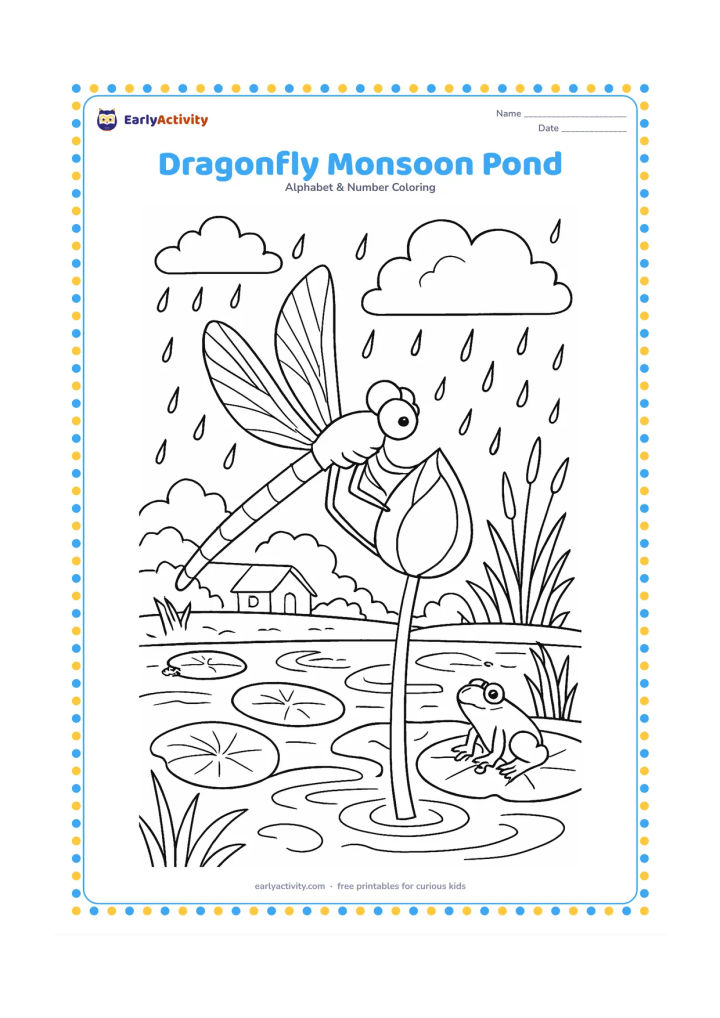 Colouring page: A dragonfly rests on a lotus stem above a monsoon pond, surrounded by rain clouds, ripples, lotus leaves, reeds and a small Indian village house beyond the water. A frog sits beneath a leaf.