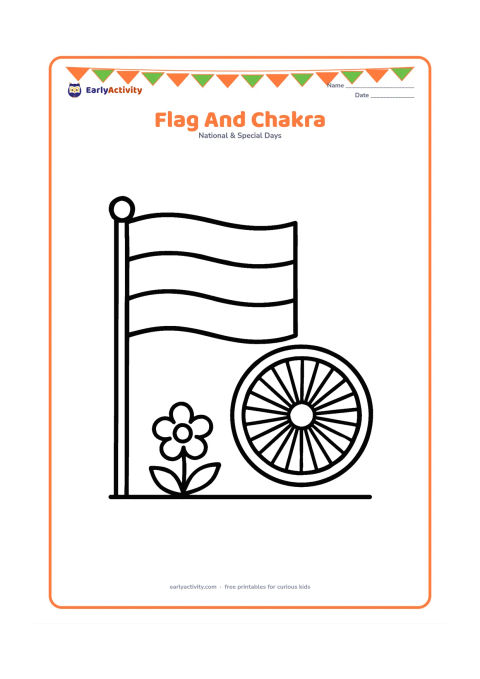 Colouring page: Draw a large Indian flag beside a separate large Ashoka Chakra emblem on a plain ground line, with a small flower and two leaves for decoration. Keep the flag and emblem clearly separate.