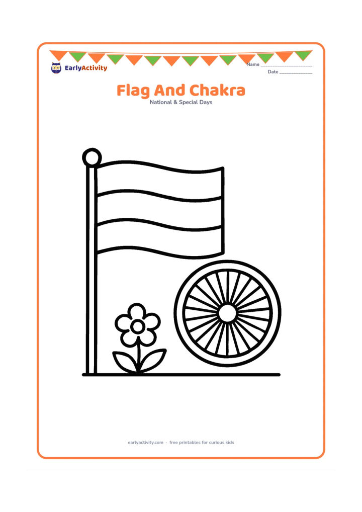 Colouring page: Draw a large Indian flag beside a separate large Ashoka Chakra emblem on a plain ground line, with a small flower and two leaves for decoration. Keep the flag and emblem clearly separate.