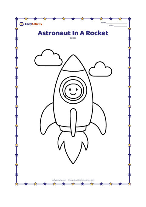 Colouring page: Show a simple rocket standing upright with a smiling astronaut visible through one large window. Add two large clouds and a wide flame shape below the rocket.
