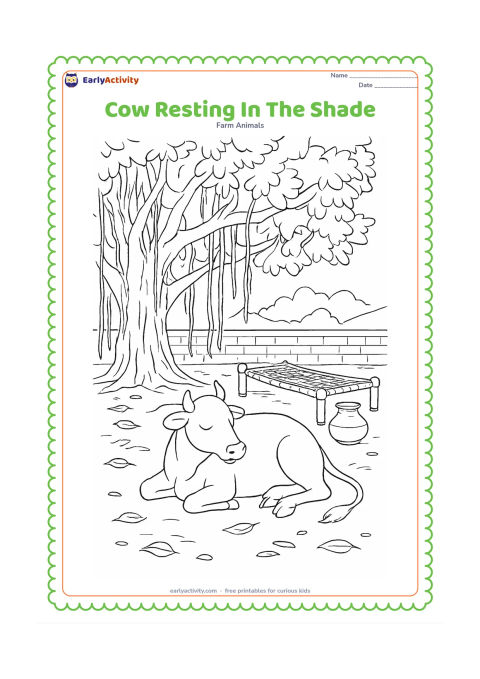 Colouring page: A cow lies peacefully beneath a large banyan tree in a farm courtyard, with hanging roots, a woven charpai, a clay pot, scattered leaves, and a low wall. Show dappled areas of shade…