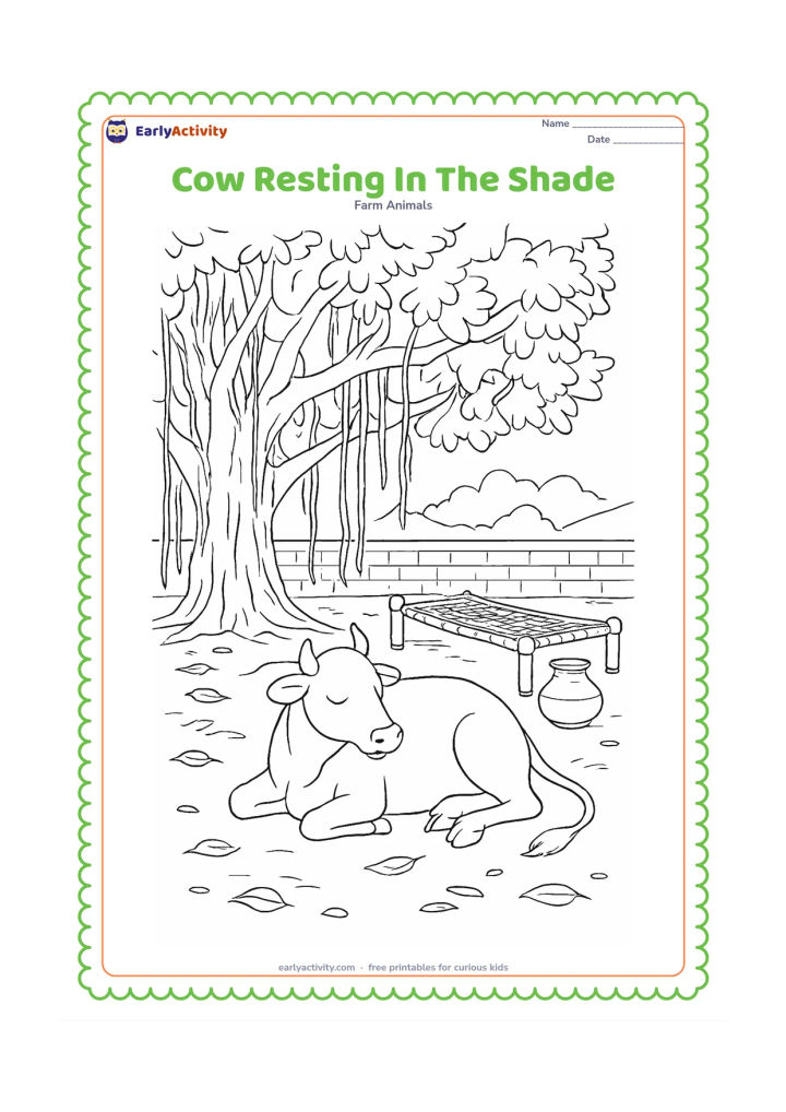 Colouring page: A cow lies peacefully beneath a large banyan tree in a farm courtyard, with hanging roots, a woven charpai, a clay pot, scattered leaves, and a low wall. Show dappled areas of shade…