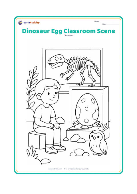 Colouring page: Draw a child-friendly museum learning scene with a large dinosaur egg display, a fossil skeleton behind glass, a seated child observing it and a Lumi-like plain friendly owl perched…