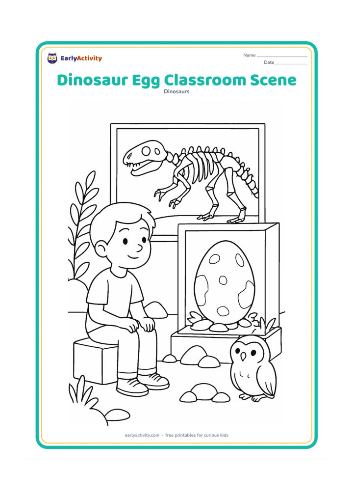 Colouring page: Draw a child-friendly museum learning scene with a large dinosaur egg display, a fossil skeleton behind glass, a seated child observing it and a Lumi-like plain friendly owl perched…