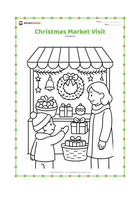 Colouring page: A child and parent browse a festive outdoor market stall with wreaths, bells, ornaments, and wrapped gifts. Add a striped canopy, evergreen garlands, baskets, and a few stars overhead.
