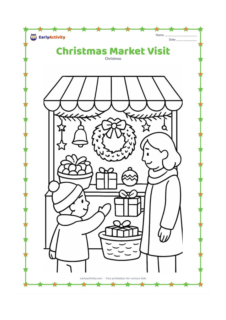 Colouring page: A child and parent browse a festive outdoor market stall with wreaths, bells, ornaments, and wrapped gifts. Add a striped canopy, evergreen garlands, baskets, and a few stars overhead.