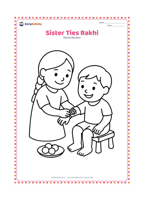 Colouring page: A smiling sister carefully ties a thick rakhi around her seated brother's wrist. Show a low stool and one small plate of sweets beside them.
