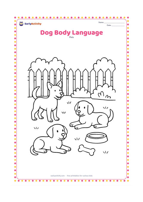 Colouring page: Draw three friendly dogs in one outdoor scene showing different body positions: one with raised ears and tail, one lying calmly with relaxed ears, and one wagging its tail beside a bowl.…
