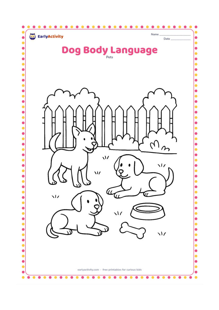 Colouring page: Draw three friendly dogs in one outdoor scene showing different body positions: one with raised ears and tail, one lying calmly with relaxed ears, and one wagging its tail beside a bowl.…