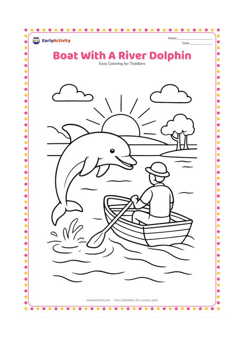 Colouring page: Draw a friendly river dolphin jumping beside a small wooden boat on a wide river. Include a seated boat rower shown from behind, two distant trees, water ripples and a sunrise, with no…
