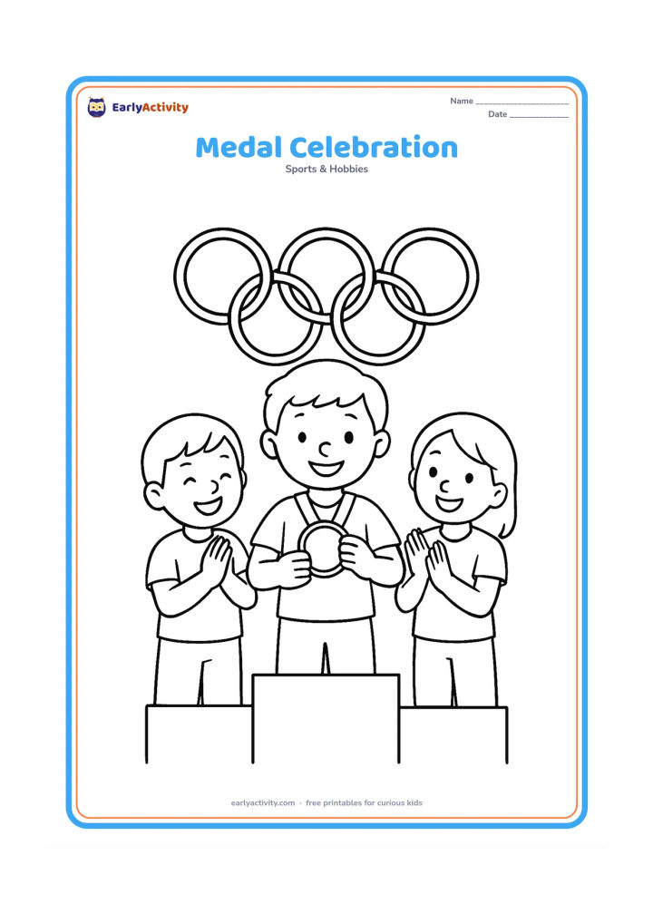 Colouring page: A smiling young athlete holds a round medal at chest height while two teammates clap beside them. Place them on a simple podium area with Olympic rings displayed behind, with no writing…