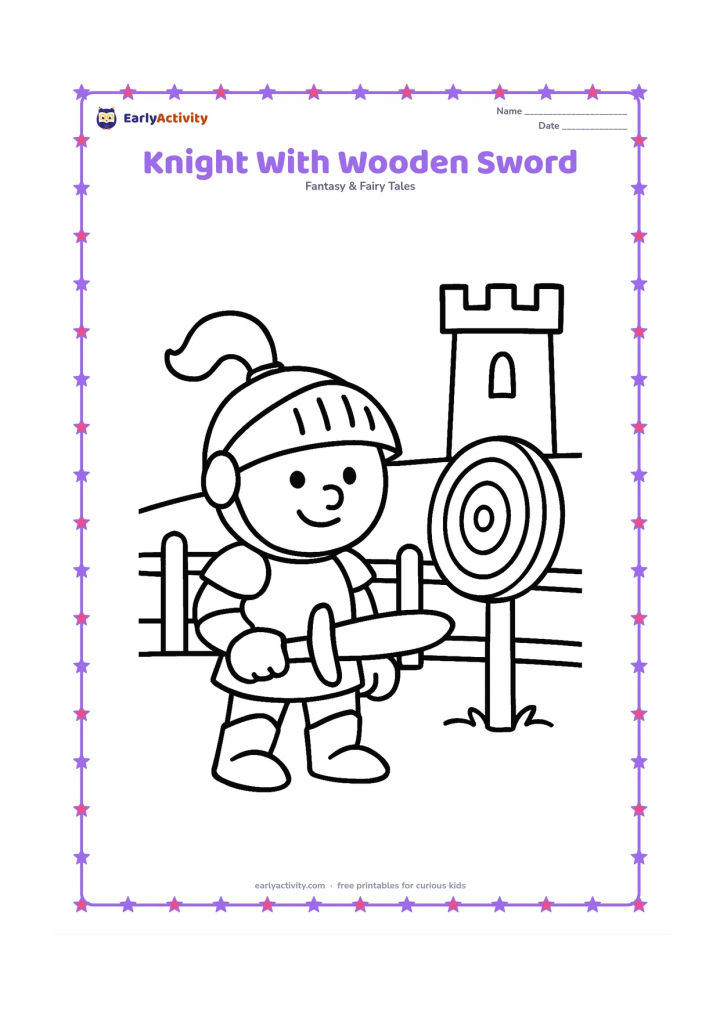 Colouring page: A smiling knight practises holding a rounded wooden training sword beside a straw practice target. Place a low fence and one castle tower behind the scene.