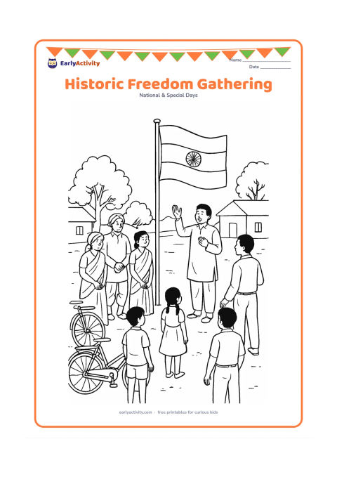 Colouring page: Draw a respectful, non-violent historical-style community gathering representing India's independence, with diverse adults and children listening to a speaker beside a large Indian flag.…