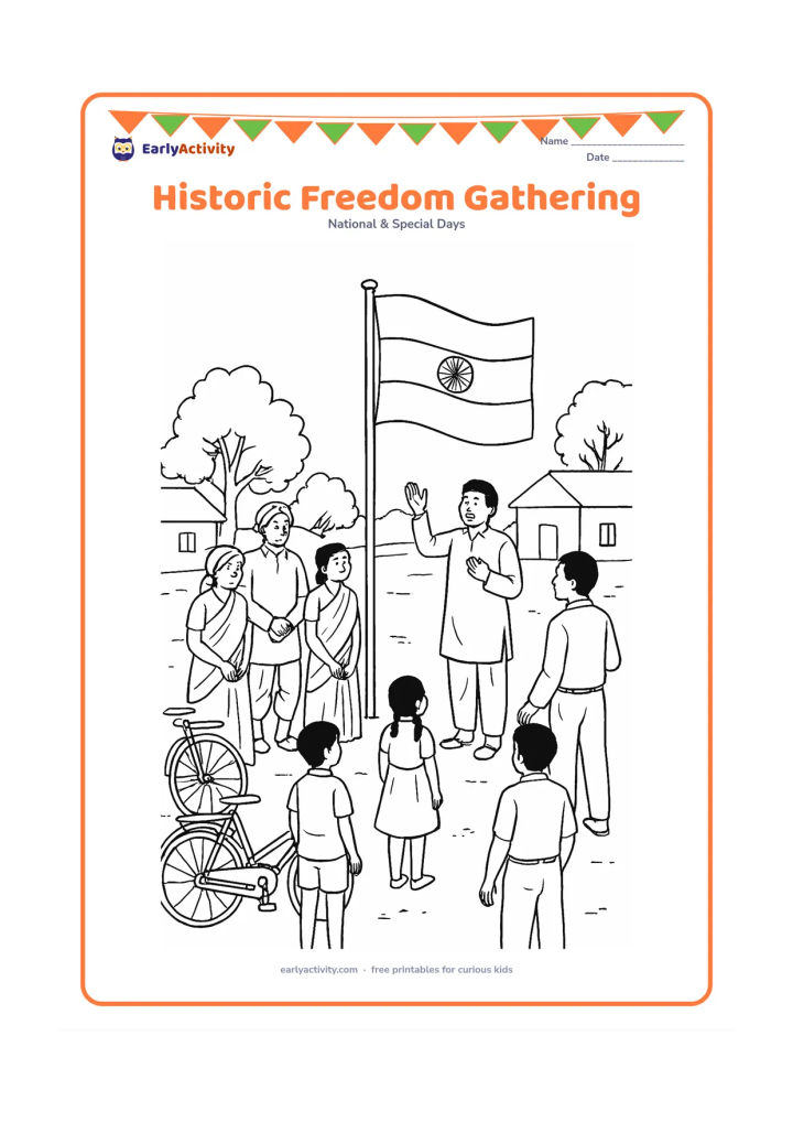 Colouring page: Draw a respectful, non-violent historical-style community gathering representing India's independence, with diverse adults and children listening to a speaker beside a large Indian flag.…