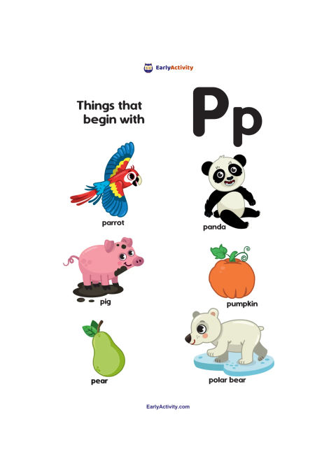 Worksheet showing the uppercase and lowercase letter P with pictures labelled parrot, panda, pig, pumpkin, pear and polar bear.