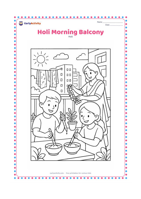 Colouring page: At a sunny morning balcony, two siblings prepare bowls of gulal and fill pichkaris while an adult places flowers on a railing. Include apartment buildings, potted plants, and drying…