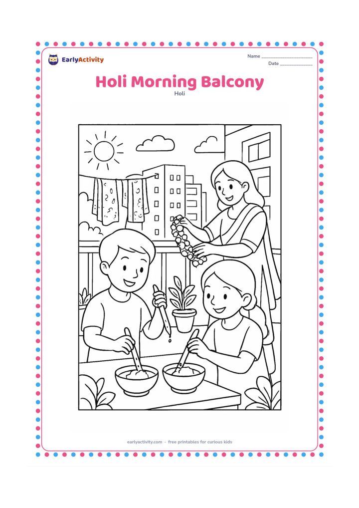 Colouring page: At a sunny morning balcony, two siblings prepare bowls of gulal and fill pichkaris while an adult places flowers on a railing. Include apartment buildings, potted plants, and drying…