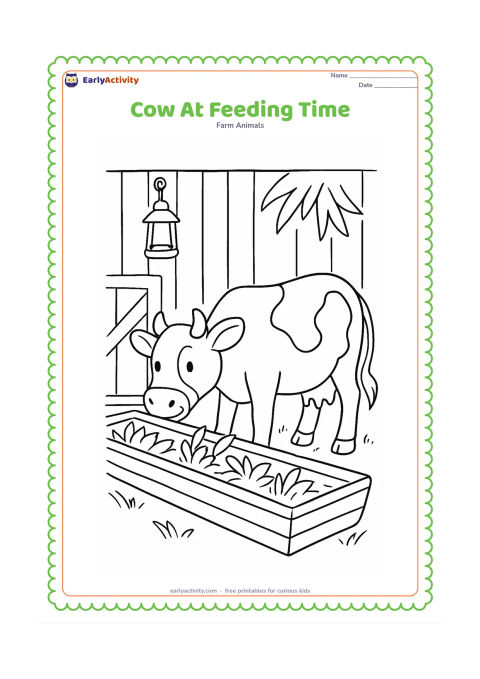 Colouring page: A cow eats from a long wooden feeding trough filled with grass and leafy plants. Show a barn wall, a hanging lantern, and a few hay strands in the background.